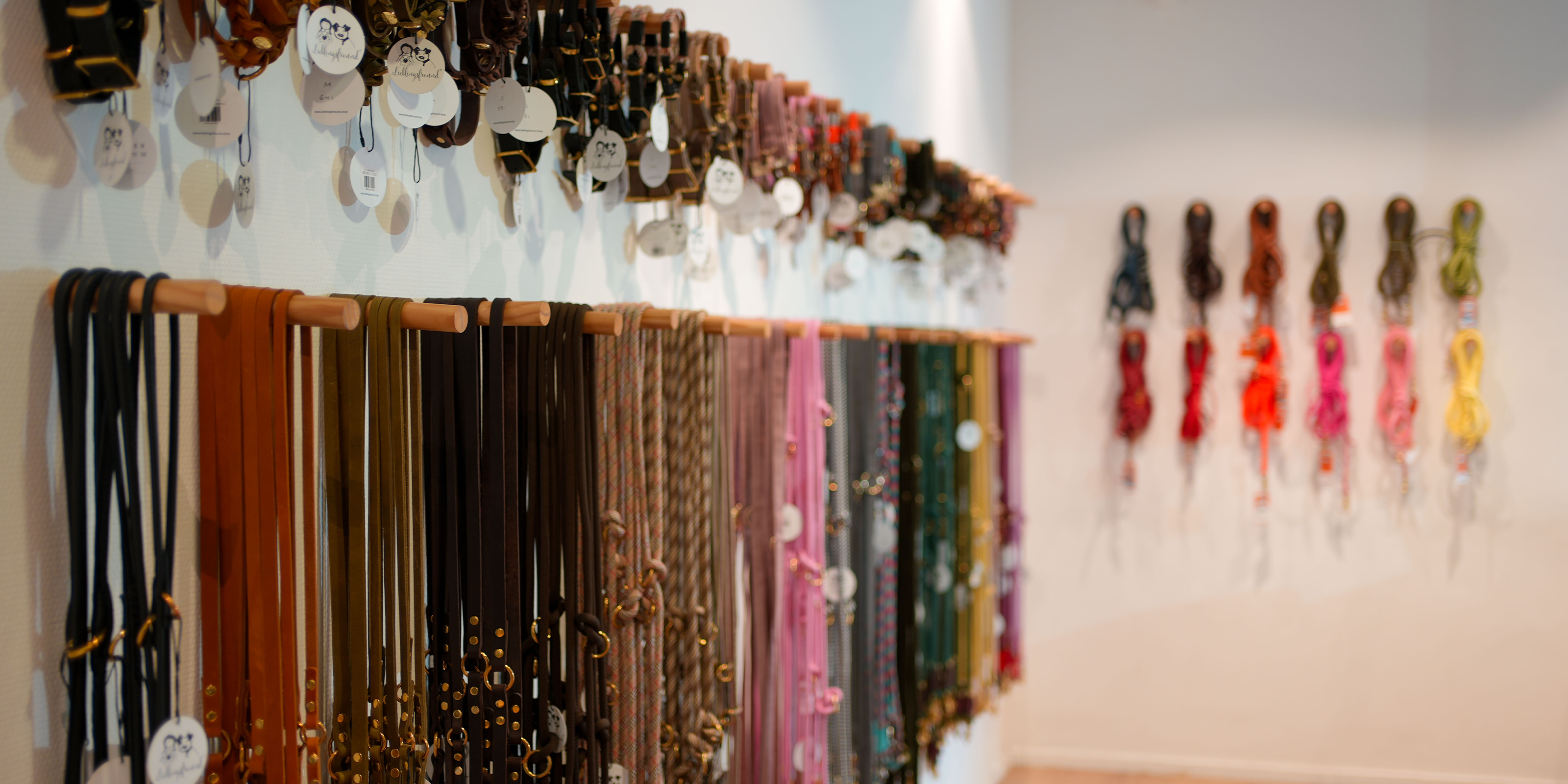 Auswahl an handgefertigten Hundeleinen und Halsbändern in verschiedenen Farben und Materialien, ordentlich an der Wand in der Lieblingsfreund Boutique präsentiert.