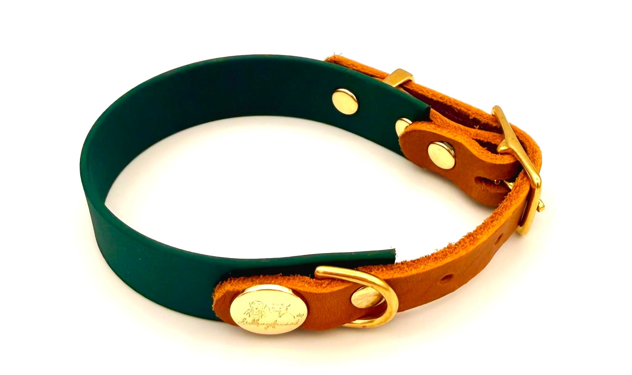 Biothane Lederhalsband Dunkelgrün/Gold