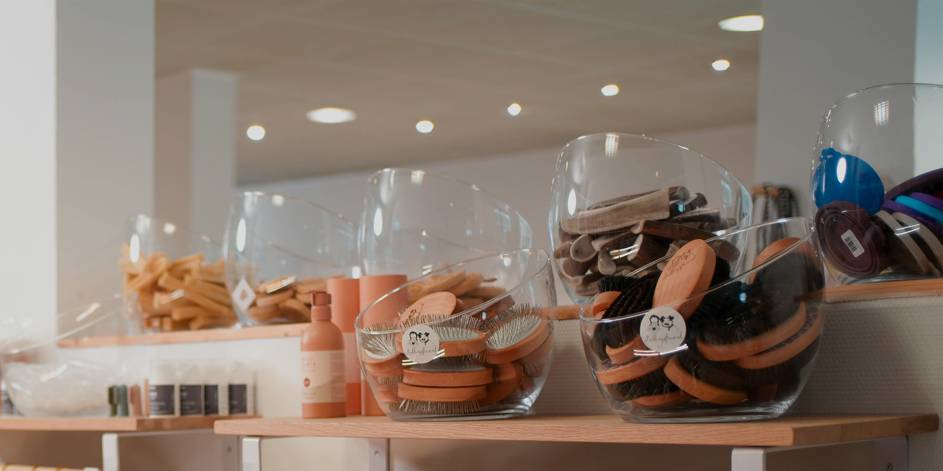 Hundepflegeprodukte wie Naturbürsten und Pflegemittel in Glasgefäßen, stilvoll präsentiert in der Lieblingsfreund Boutique.